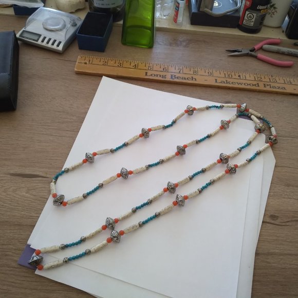 Imported simulated blue turquoise beaded tribal style long strech necklace coral - Picture 4 of 6